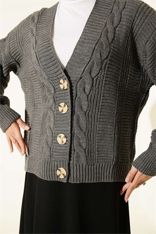 Braided Buttoned Short Knit Cardigan, Smoke Grey