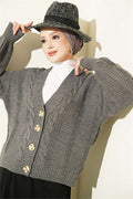 Braided Buttoned Short Knit Cardigan, Smoke Grey