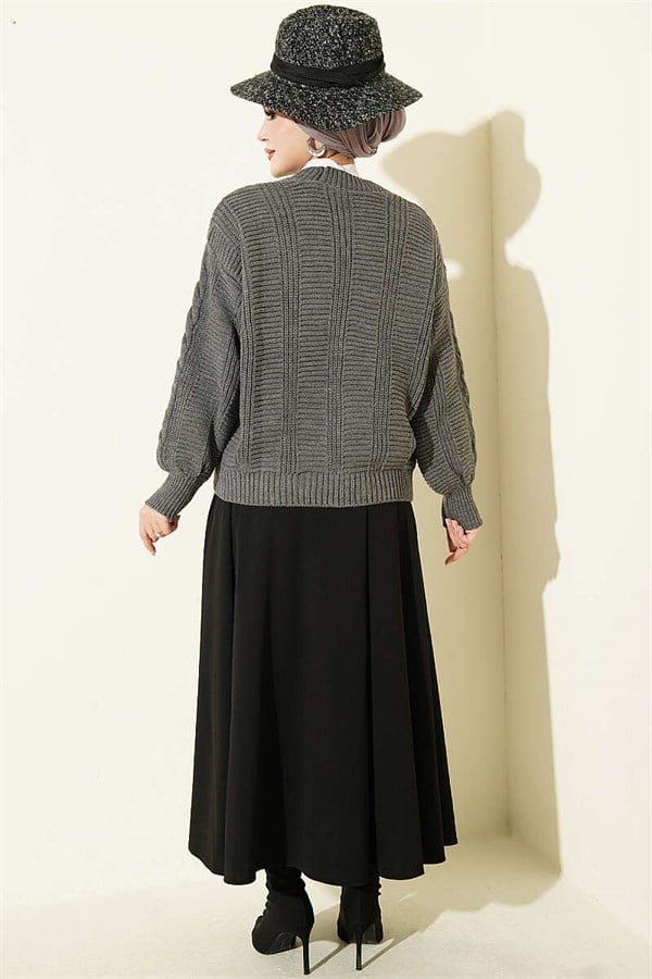 Braided Buttoned Short Knit Cardigan, Smoke Grey