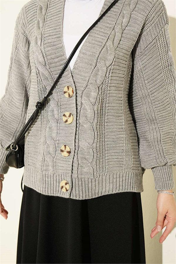 Braided Buttoned Short Cardigan Grey