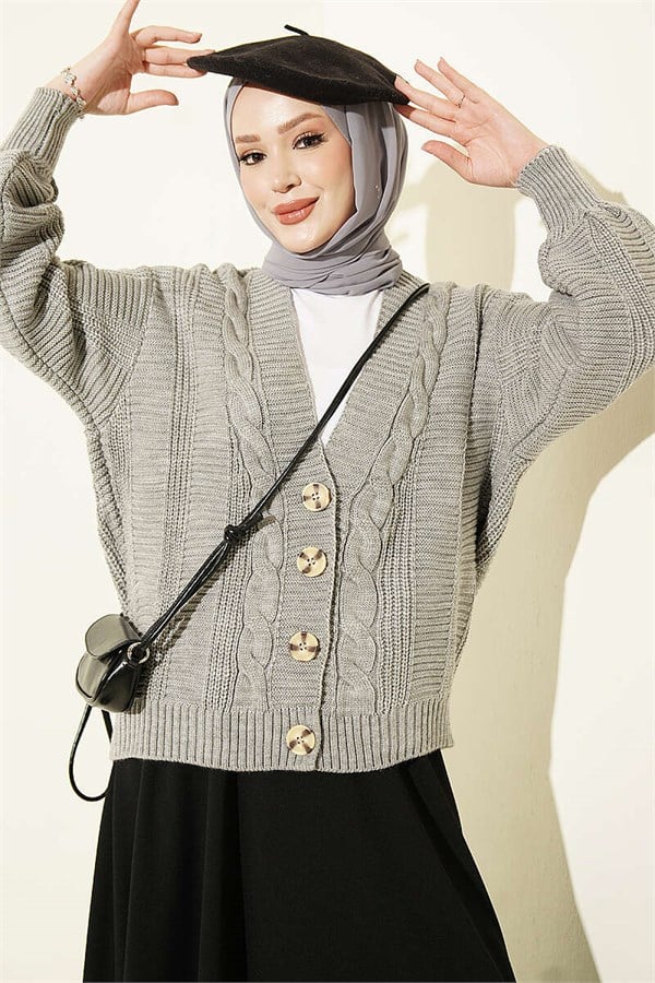 Braided Buttoned Short Cardigan Grey