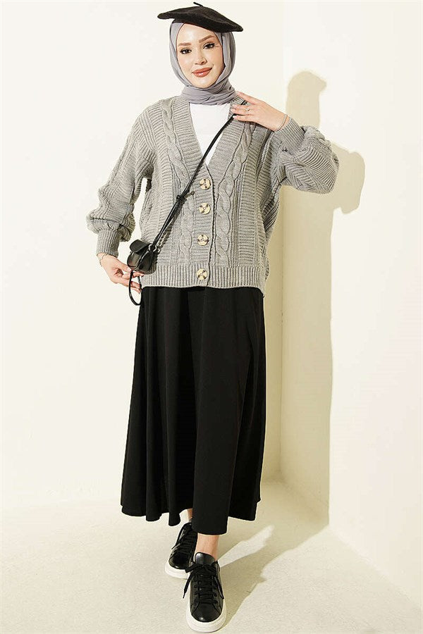 Braided Buttoned Short Cardigan Grey