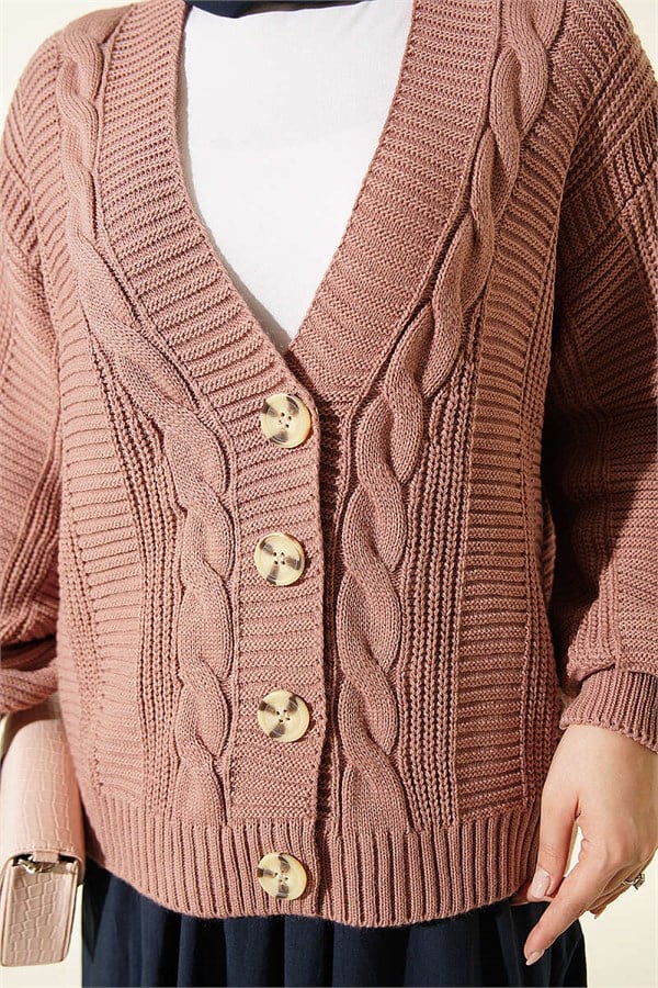 Braided Buttoned Short Cardigan, Rose Pink