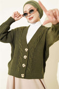 Braided Buttoned Short Cardigan, Khaki