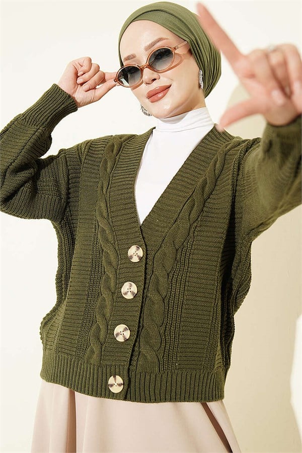 Braided Buttoned Short Cardigan, Khaki