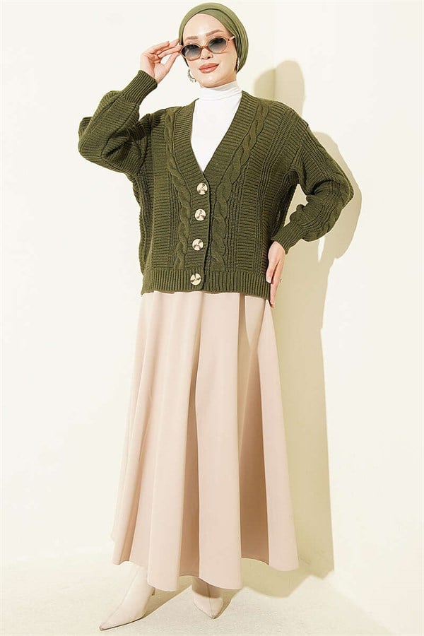 Braided Buttoned Short Cardigan, Khaki