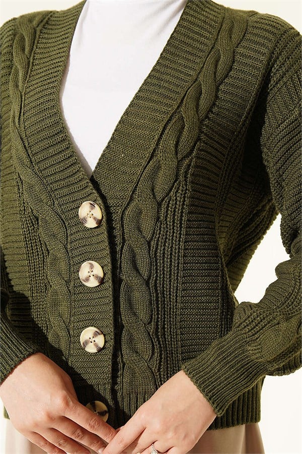 Braided Buttoned Short Cardigan, Khaki