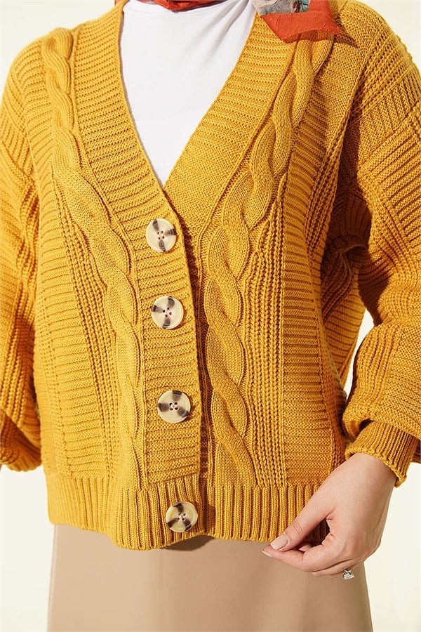 Braided Buttoned Short Knit Cardigan Mustard