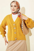 Braided Buttoned Short Knit Cardigan Mustard