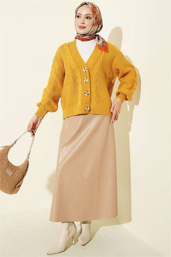Braided Buttoned Short Knit Cardigan Mustard