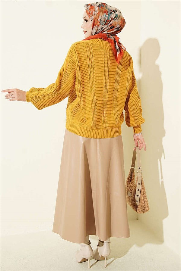 Braided Buttoned Short Knit Cardigan Mustard