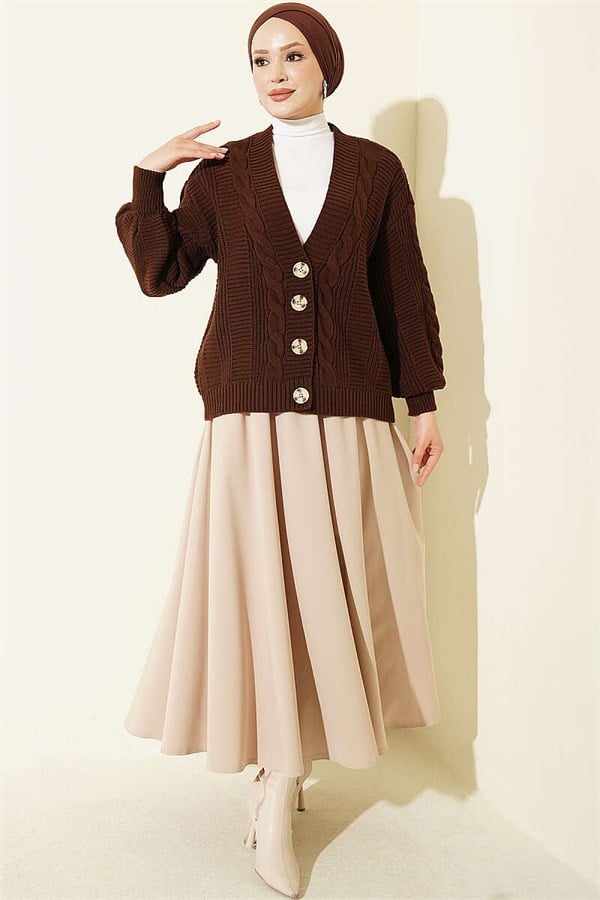 Braided Buttoned Knit Short Cardigan, Brown