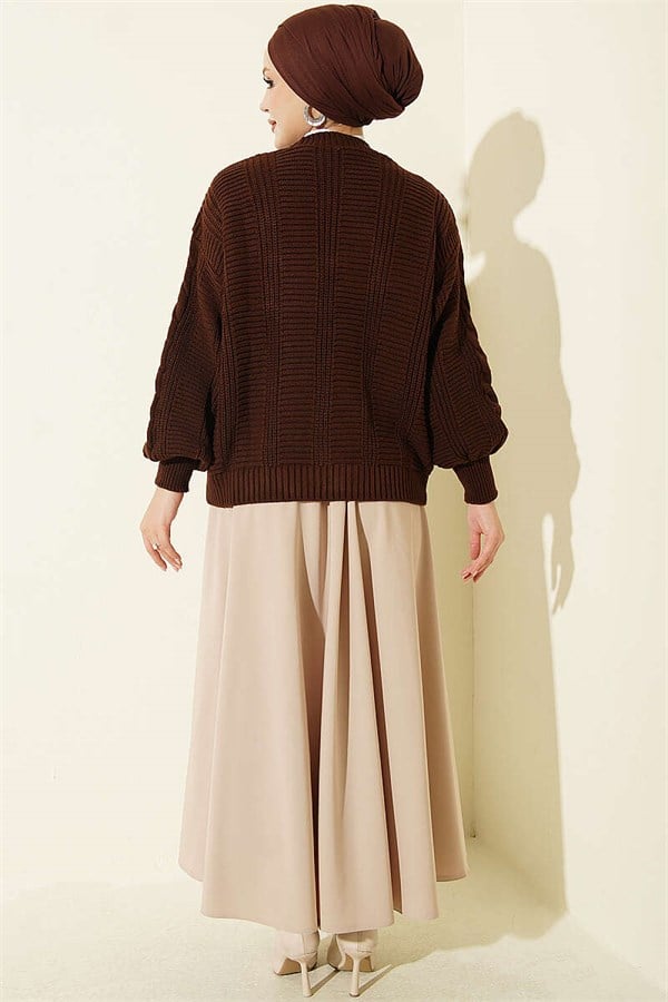 Braided Buttoned Knit Short Cardigan, Brown