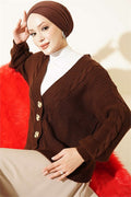 Braided Buttoned Knit Short Cardigan, Brown