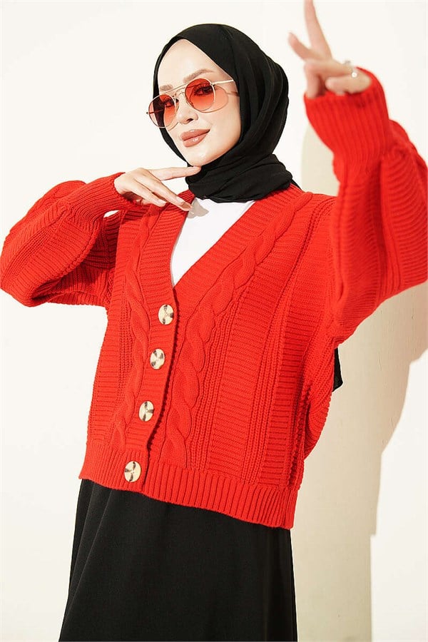Braided Buttoned Short Knit Cardigan Red