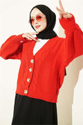 Braided Buttoned Short Knit Cardigan Red