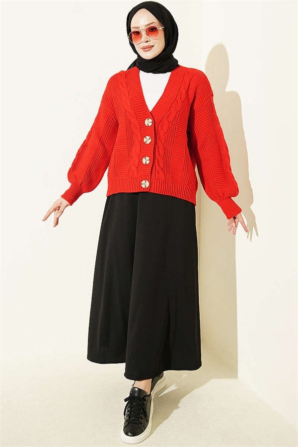 Braided Buttoned Short Knit Cardigan Red
