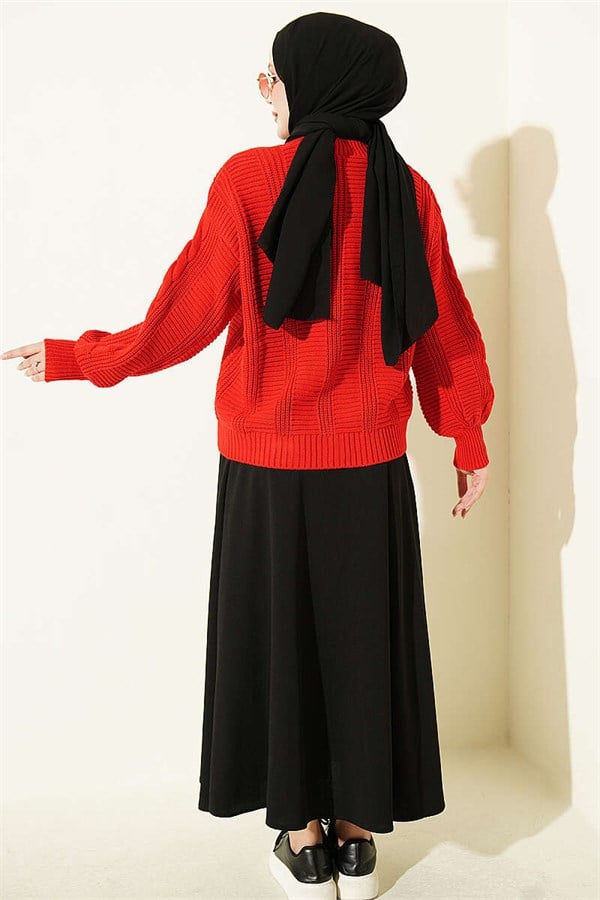 Braided Buttoned Short Knit Cardigan Red