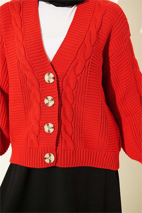 Braided Buttoned Short Knit Cardigan Red