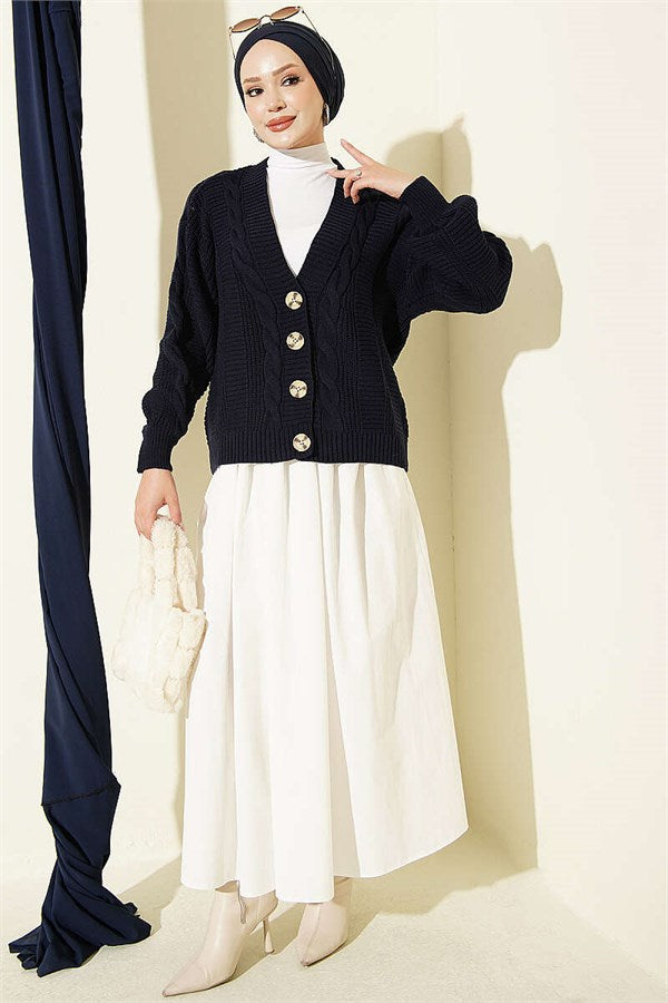 Hair Braid Buttoned Short Knit Cardigan Navy Blue