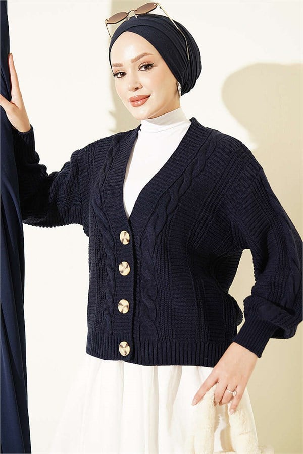 Hair Braid Buttoned Short Knit Cardigan Navy Blue