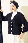 Hair Braid Buttoned Short Knit Cardigan Navy Blue