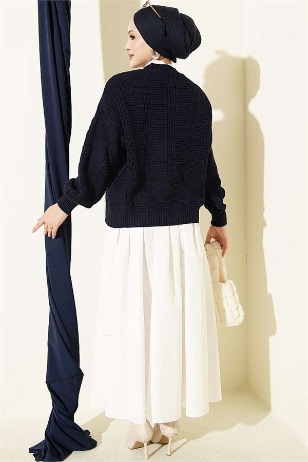 Hair Braid Buttoned Short Knit Cardigan Navy Blue