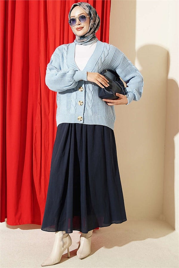 Hair Braid Buttoned Knit Short Cardigan Blue
