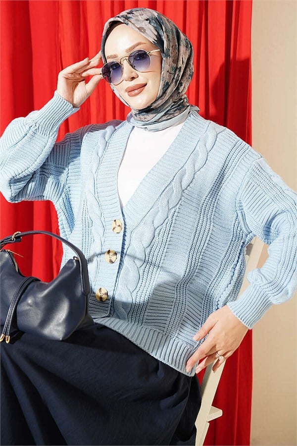 Hair Braid Buttoned Knit Short Cardigan Blue