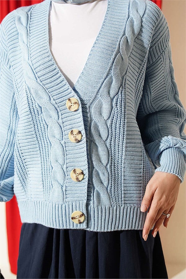 Hair Braid Buttoned Knit Short Cardigan Blue