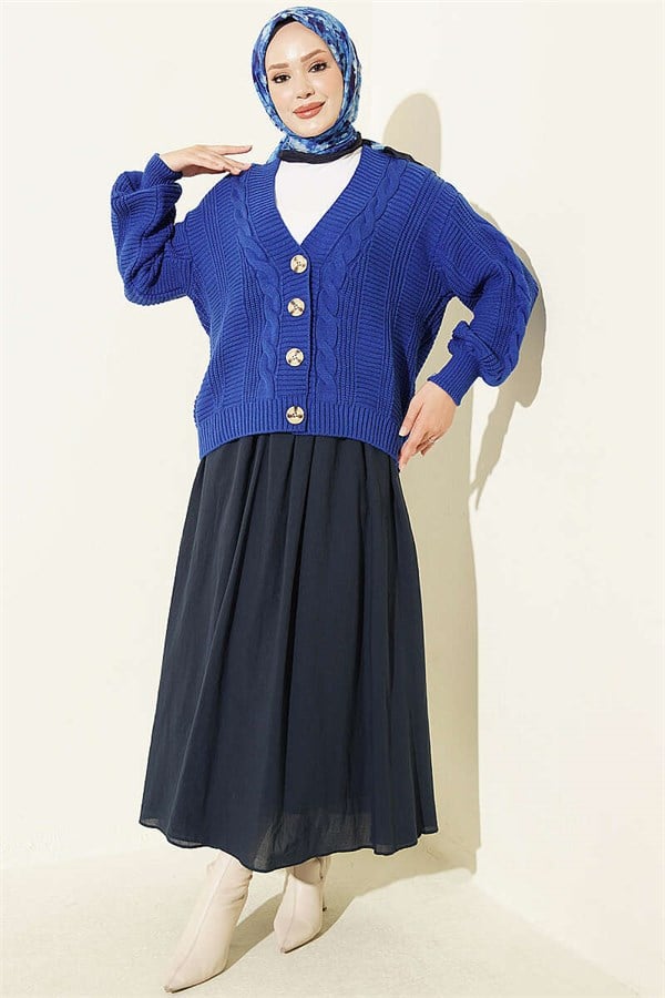 Braided Buttoned Knit Short Cardigan in Navy Blue