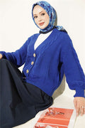 Braided Buttoned Knit Short Cardigan in Navy Blue