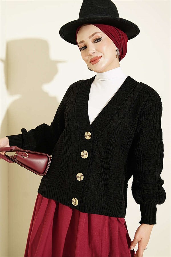 Hair Braid Buttoned Knit Short Cardigan Black