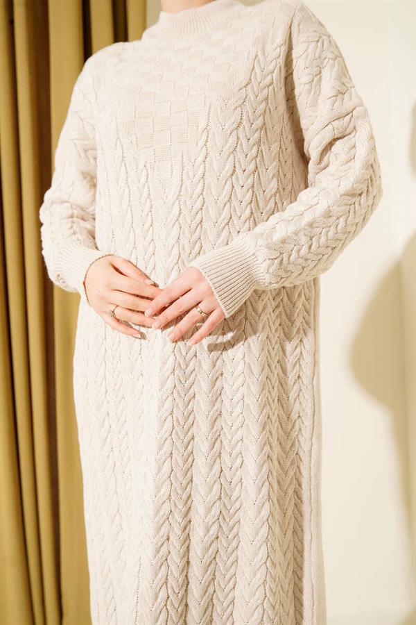 Braided Embossed Knit Dress, Beige