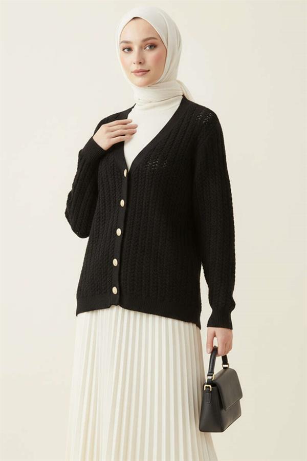 Hair Braided Buttoned Knitwear Cardigan Black