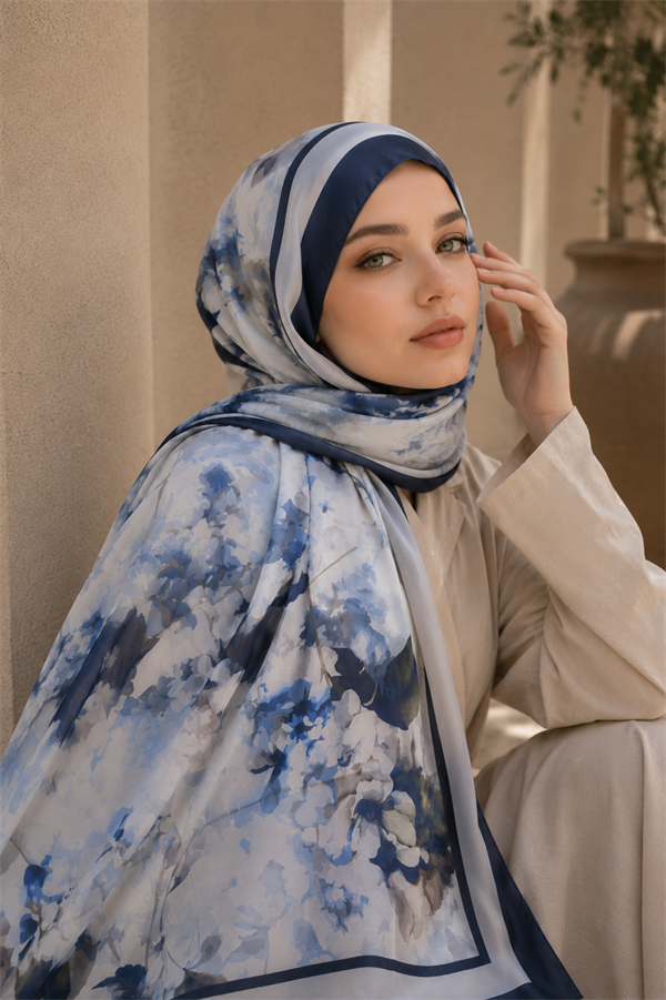 Sapphire Flower Pattern Scarf Series Navy Blue