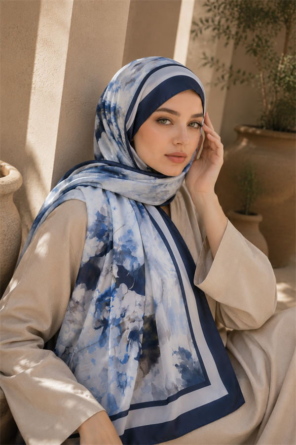Sapphire Flower Pattern Scarf Series Navy Blue