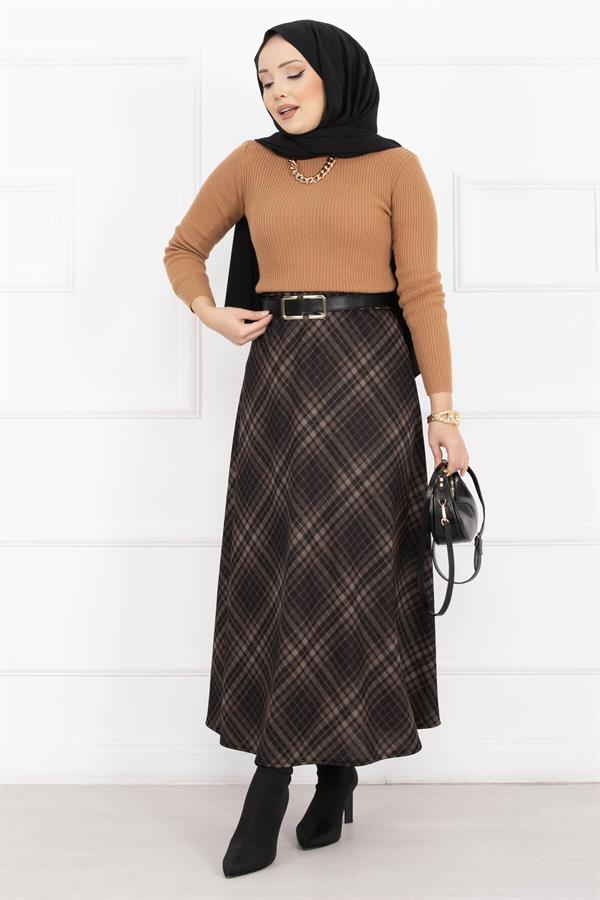 Sahara Plaid Scuba Skirt Black-Camel