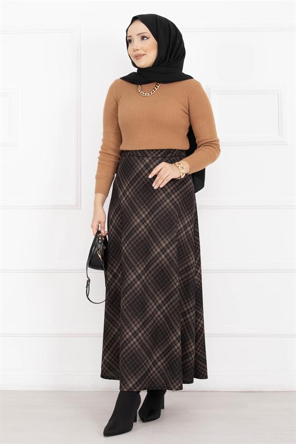 Sahara Plaid Scuba Skirt Black-Camel