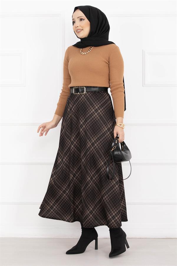 Sahara Plaid Scuba Skirt Black-Camel
