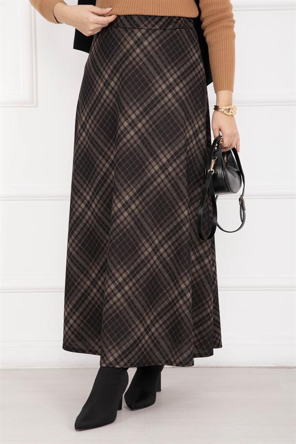 Sahara Plaid Scuba Skirt Black-Camel