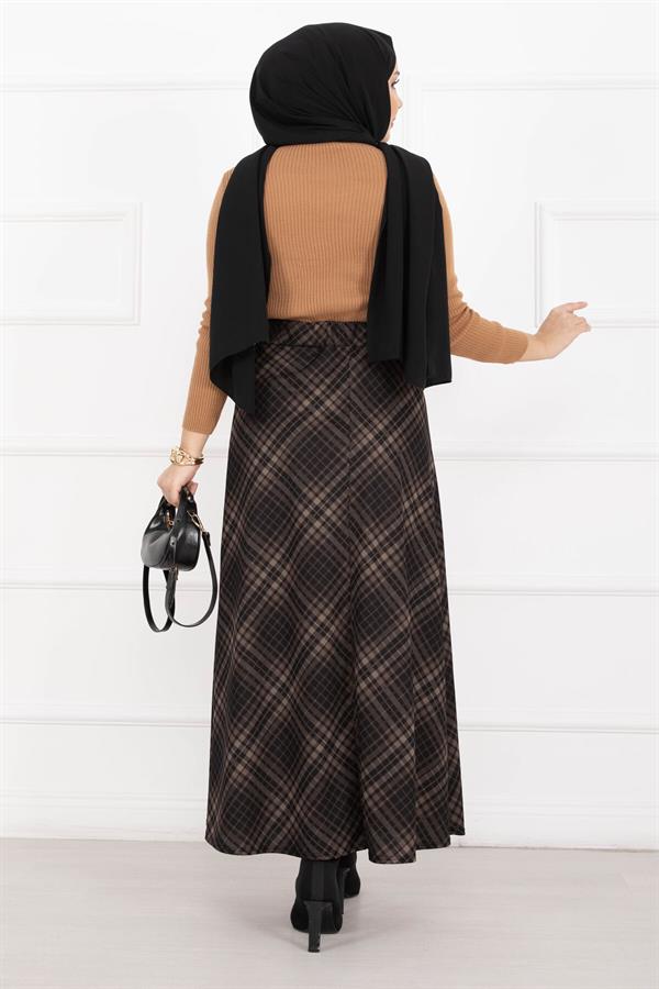Sahara Plaid Scuba Skirt Black-Camel