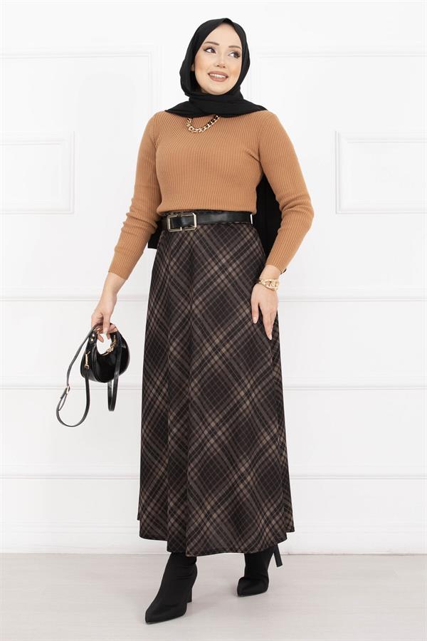 Sahara Plaid Scuba Skirt Black-Camel