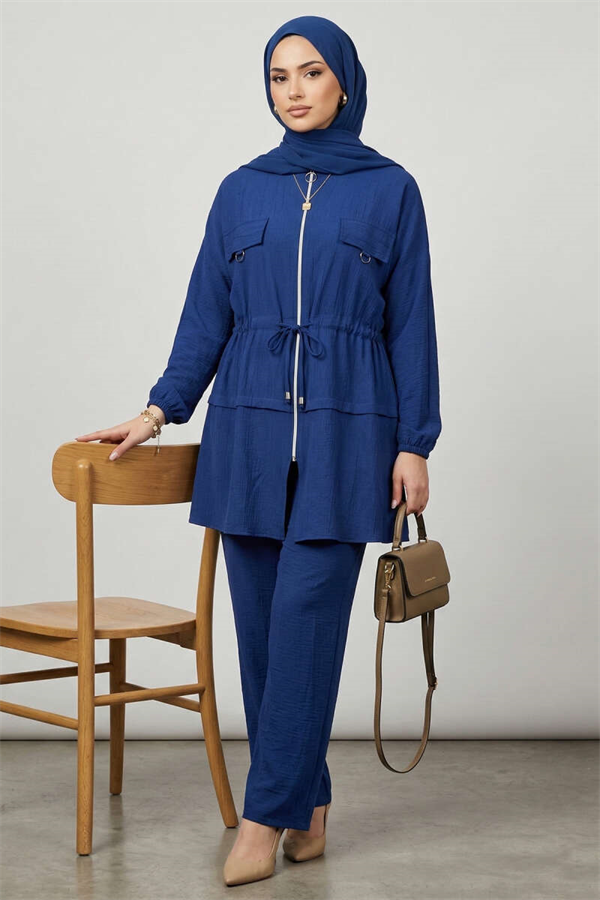 Navy Blue 2 Piece Set with Faux Pocket Flap Zipper