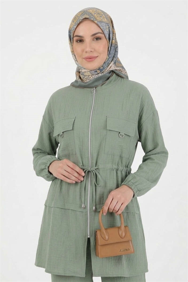 Faux Pocket Zippered 2 Piece Set, Light Green