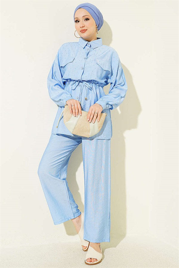 2 Piece Set with Faux Pocket Flap and Mini Stone Details, Blue