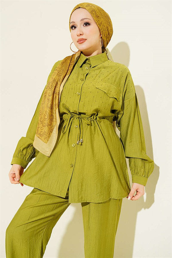 2 Piece Set with Faux Pocket Flap and Mini Stone Details, Olive Green