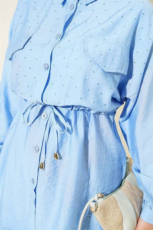 2 Piece Set with Faux Pocket Flap and Mini Stone Details, Blue
