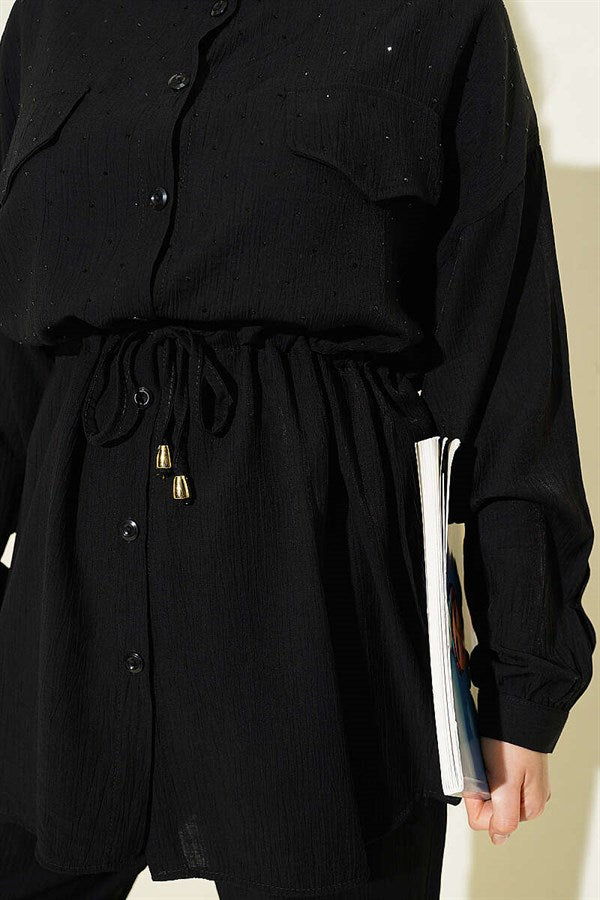 2 Piece Set with Faux Pocket Flap and Mini Stone Details, Black