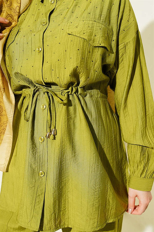2 Piece Set with Faux Pocket Flap and Mini Stone Details, Olive Green